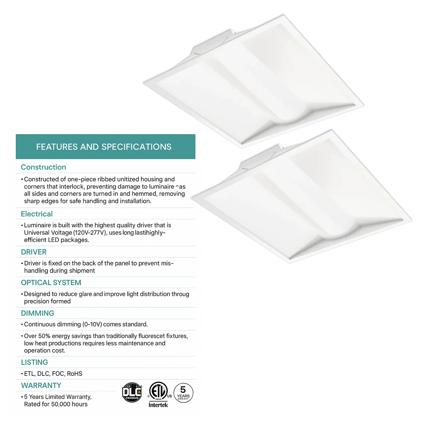 2x2 FT LED Troffer Light – 15-40W, 5CCT, Dimmable, 5,000 Lm, DLC Premium/ETL