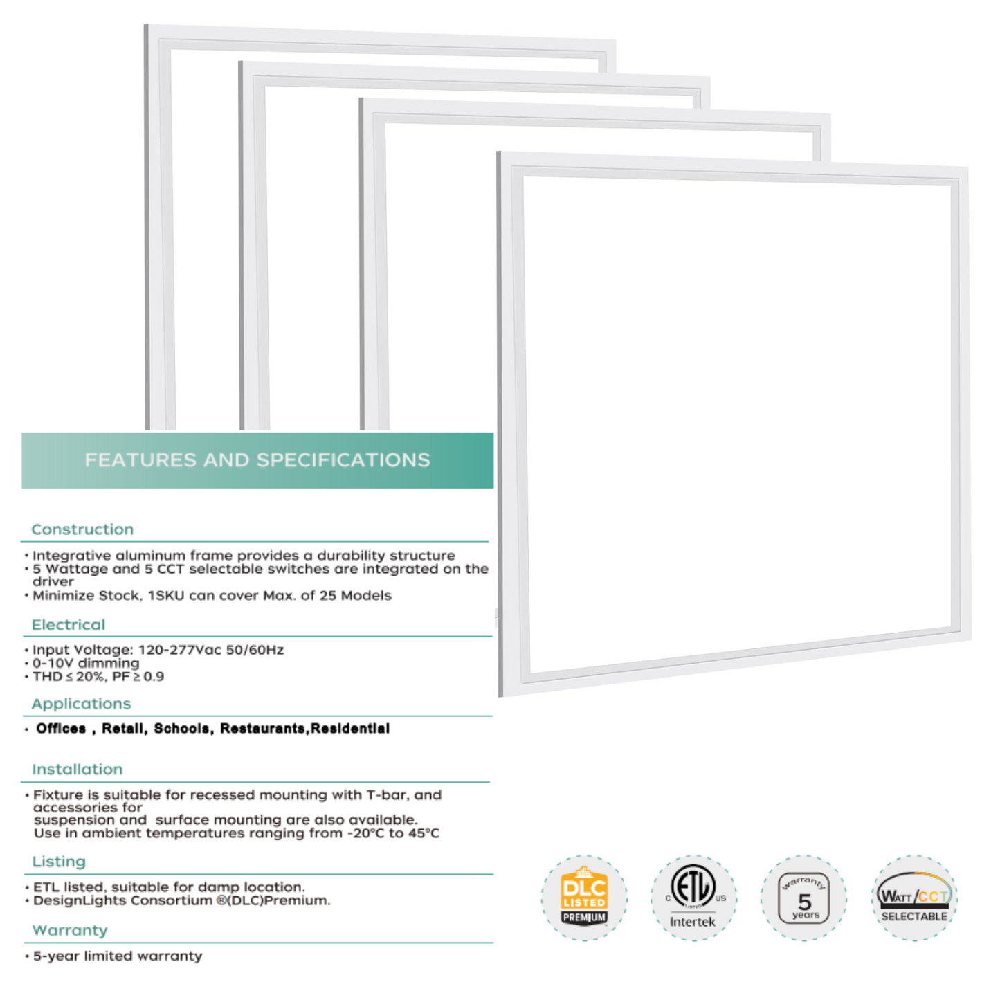 2x2 FT LED Flat Panel – 15-40W, 5CCT, Dimmable, 5000 Lm, UL/DLC