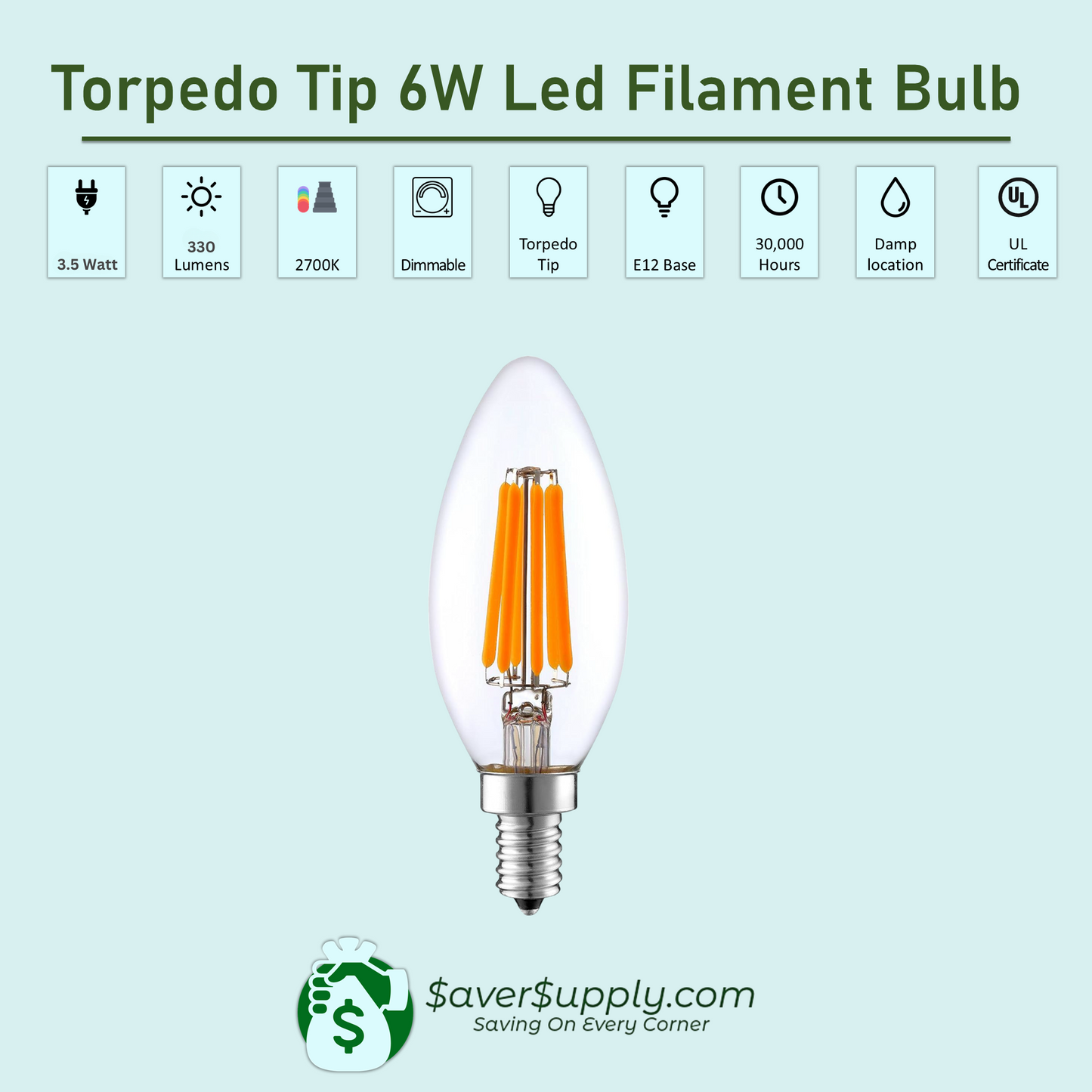 3.5W LED Chandelier Bulb Filament , E12 Base, 2700K