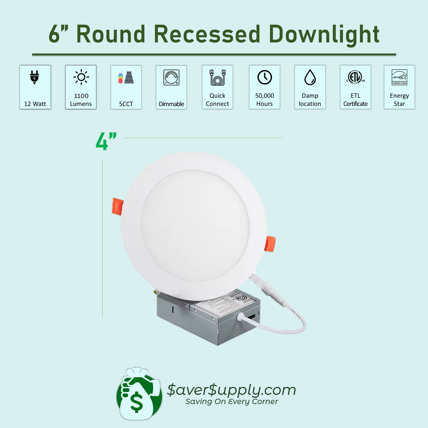 6 Inch Recessed LED Lighting, Downlight, 12 Watt 5CCT, 1100 Lumens