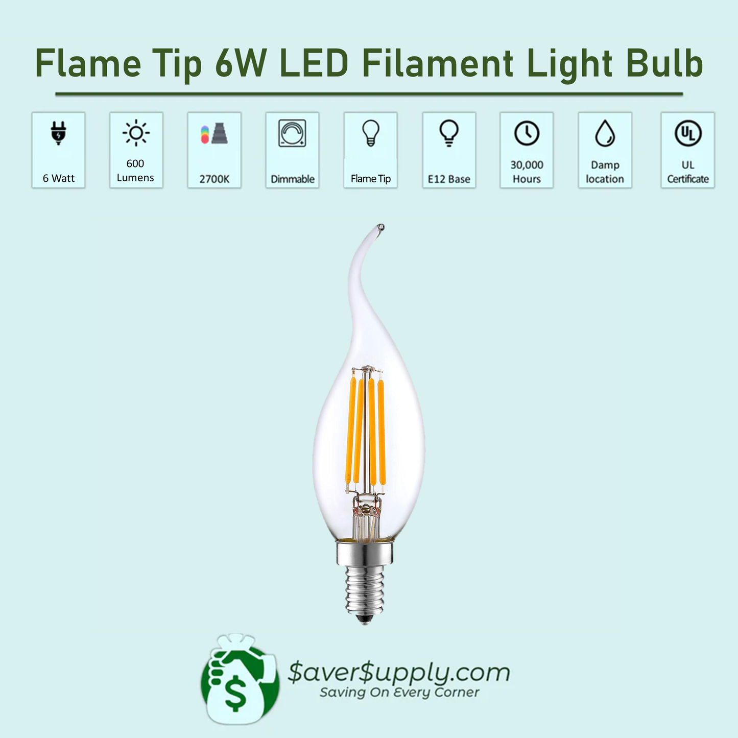 6W LED Chandelier Bulb , Flame Tip E12 Base, 2700K
