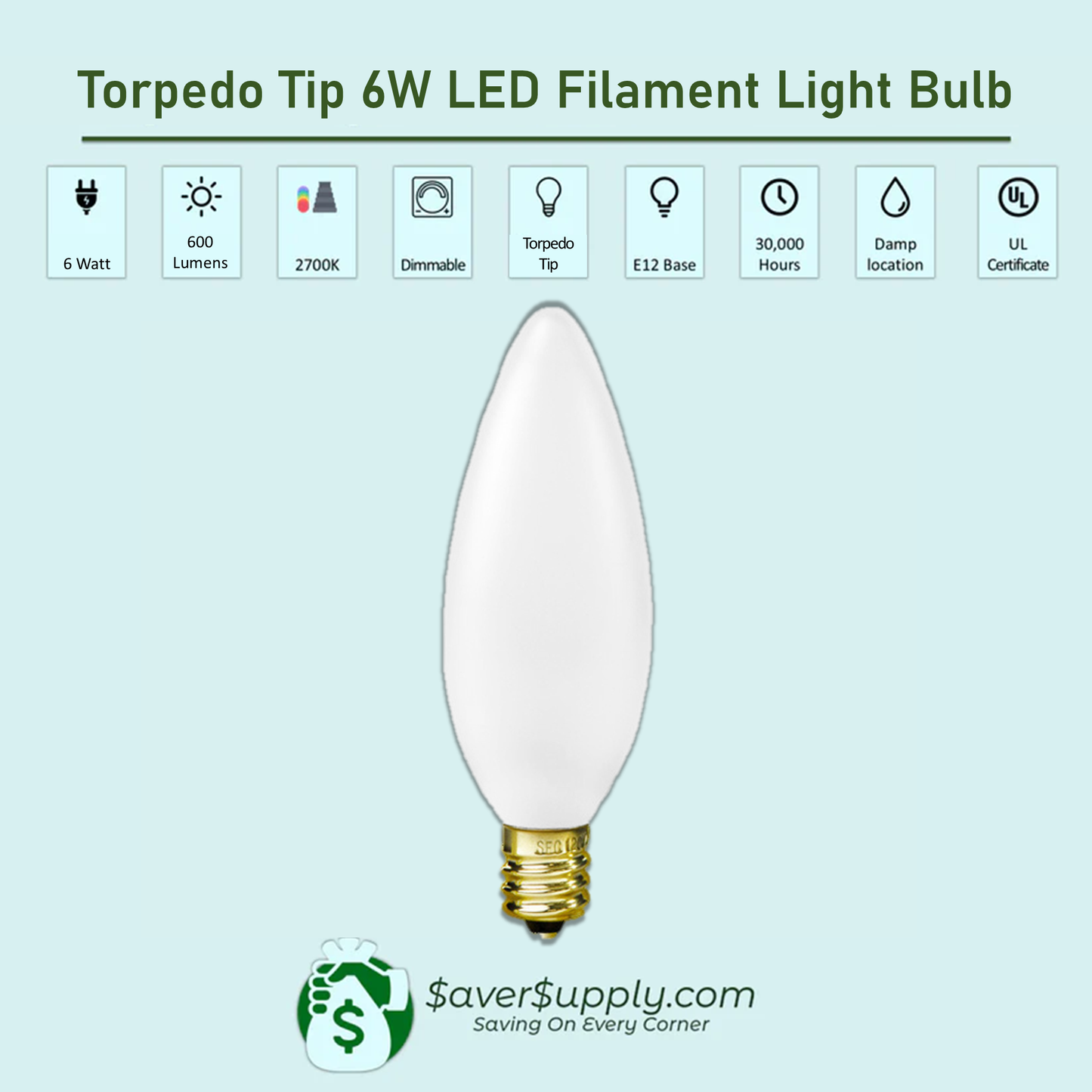 6W LED Chandelier Bulb, Frosted Torpedo Tip E12 Base, 2700K