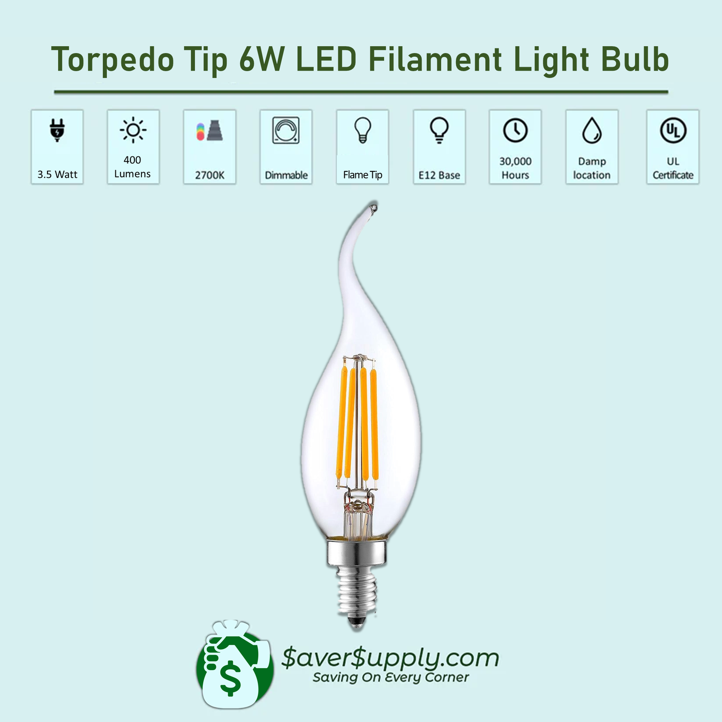 3.5W LED Chandelier Bulb, Flame Tip E12 Base, 2700K