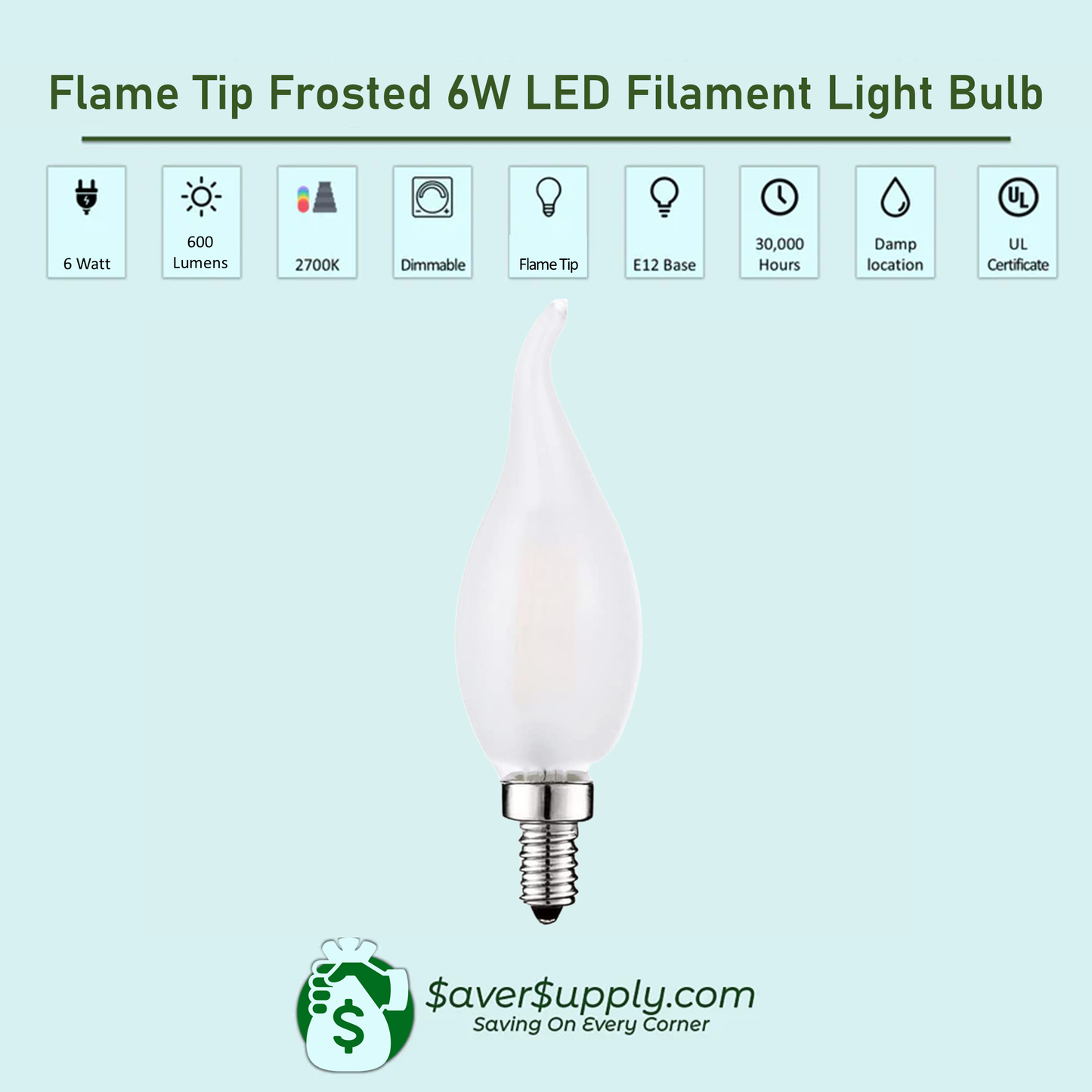 6W LED Chandelier Bulb, Frosted Flame Tip E12 Base, 2700K