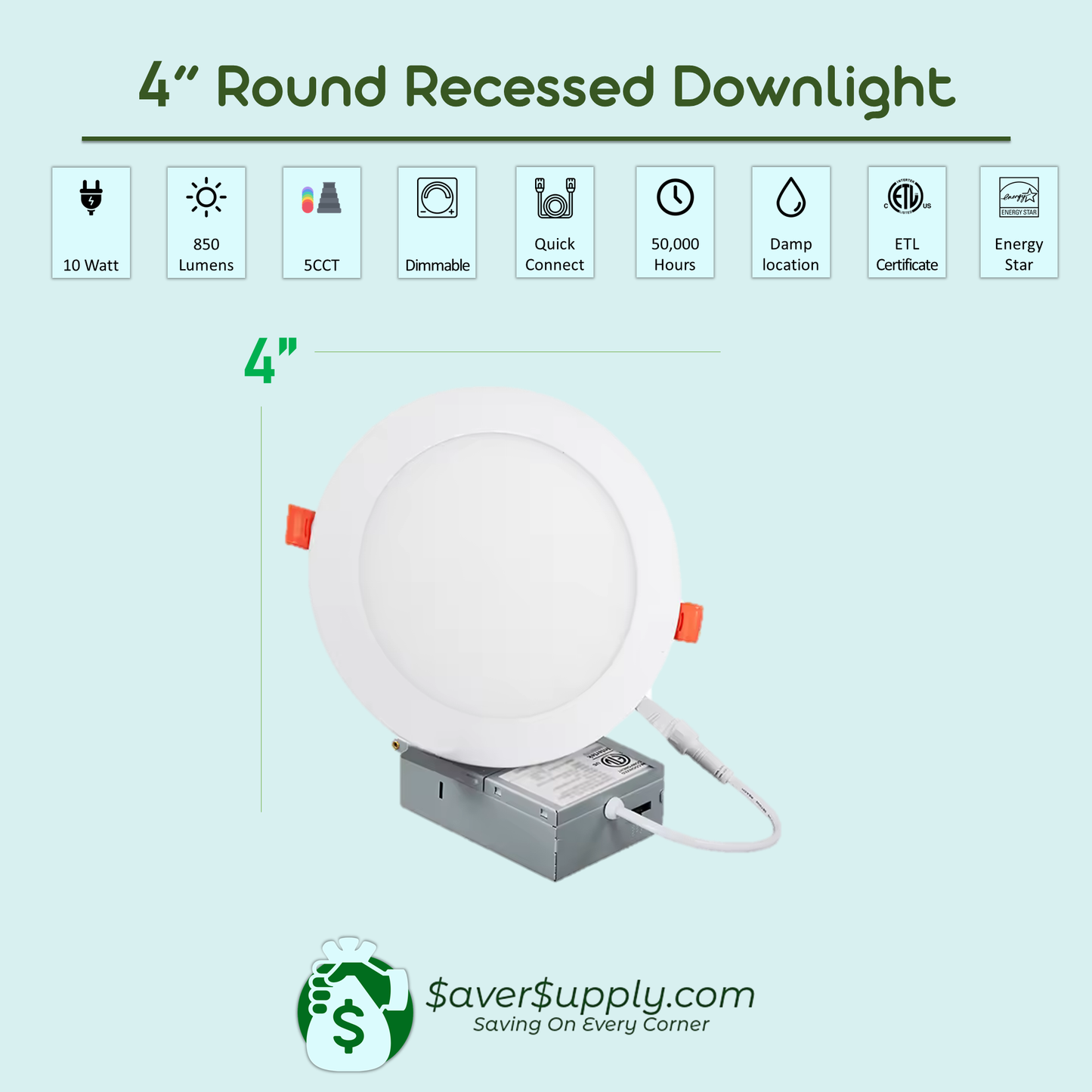 4 Inch Recessed LED Lighting, Downlight, 10 Watt 5CCT, 850 Lumens