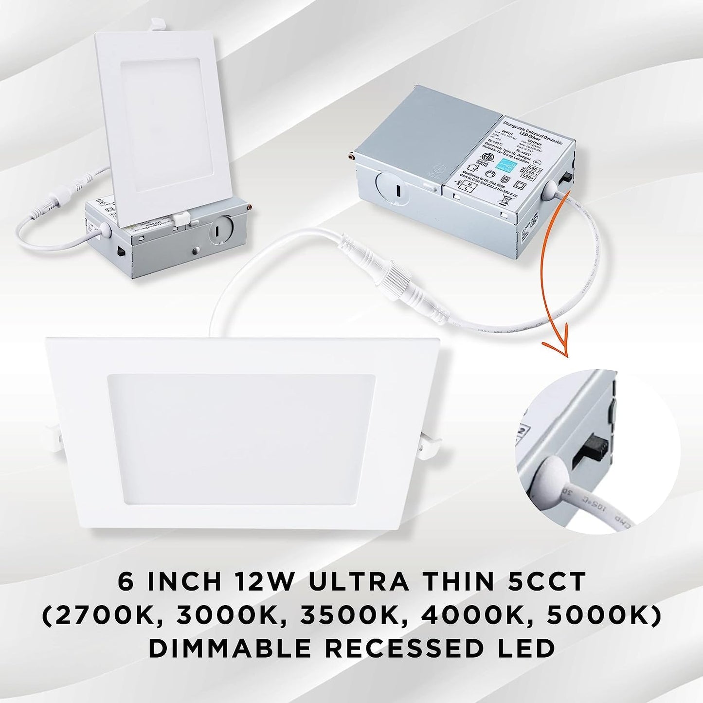 6 Inch Flat  Recessed LED Lighting, Downlight, 12 Watt 5CCT, 1100 Lumens