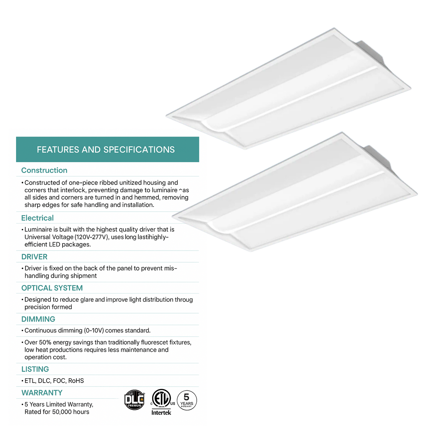 2x4 FT LED Troffer Light – 30-72W, 5CCT, Dimmable, 9,000 Lm, DLC Premium/ETL