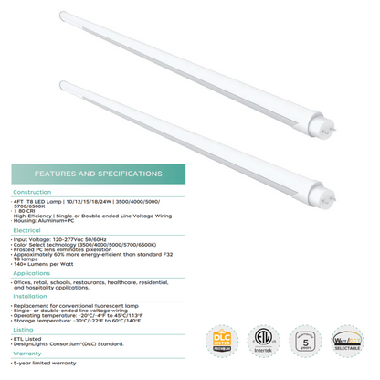 4FT LED T8 Hybrid Tube – Plug & Play/Bypass, 5W & 5CCT