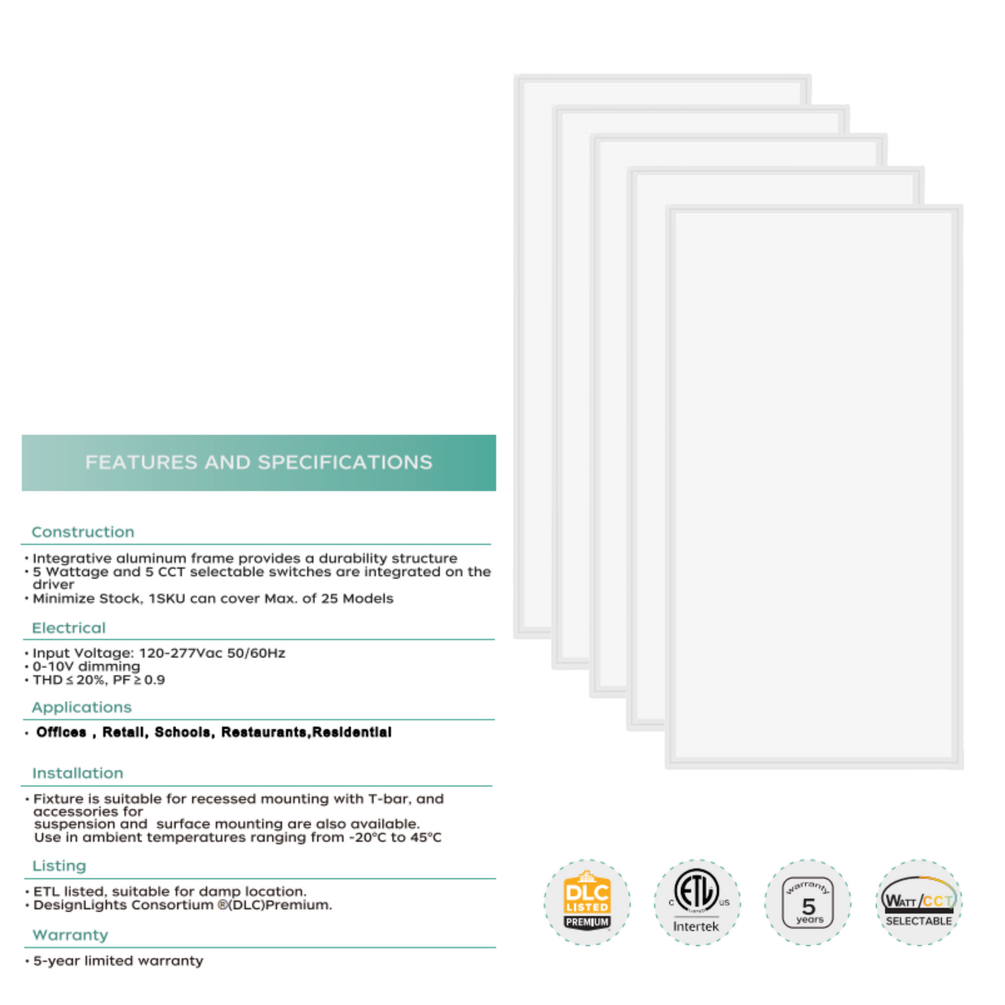2x4 FT LED Flat Panel – 30-72W, 5CCT, Dimmable, 9000 Lm, UL/DLC