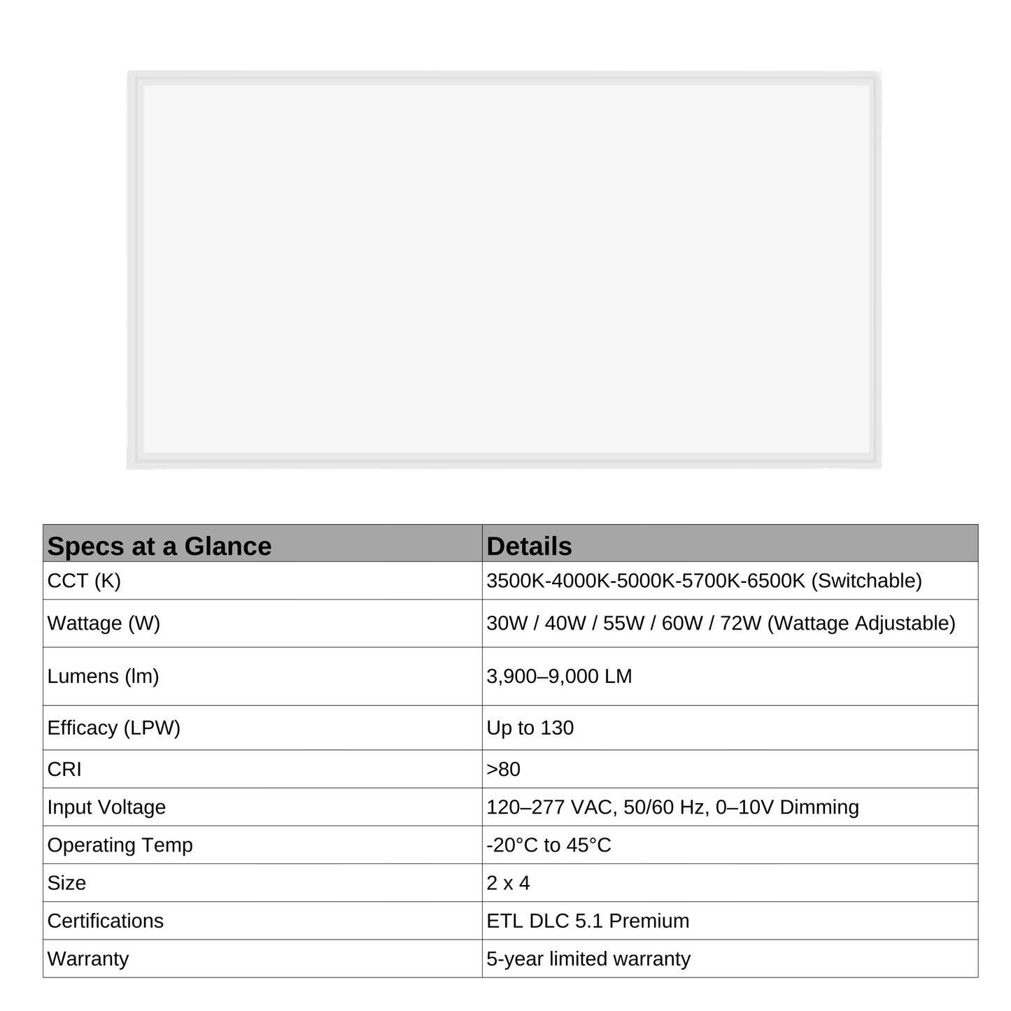 2x4 FT LED Flat Panel – 30-72W, 5CCT, Dimmable, 9000 Lm, UL/DLC