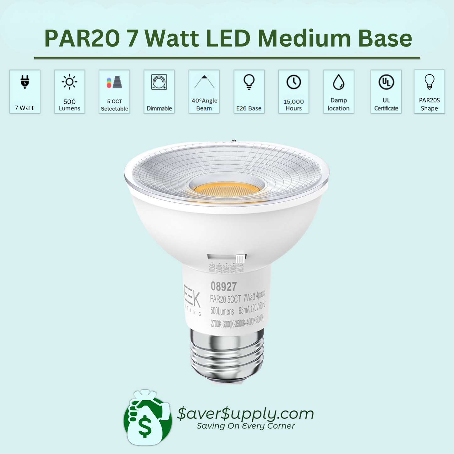 PAR20, 7 Watt, 50 Watt Equivalent, E26 Medium Base, 5 CCT / 4 Pack