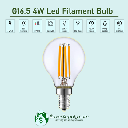 4W G16.5 LED Filament Bulb, Dimmable, E12 Base, 2700K, 330 Lumens