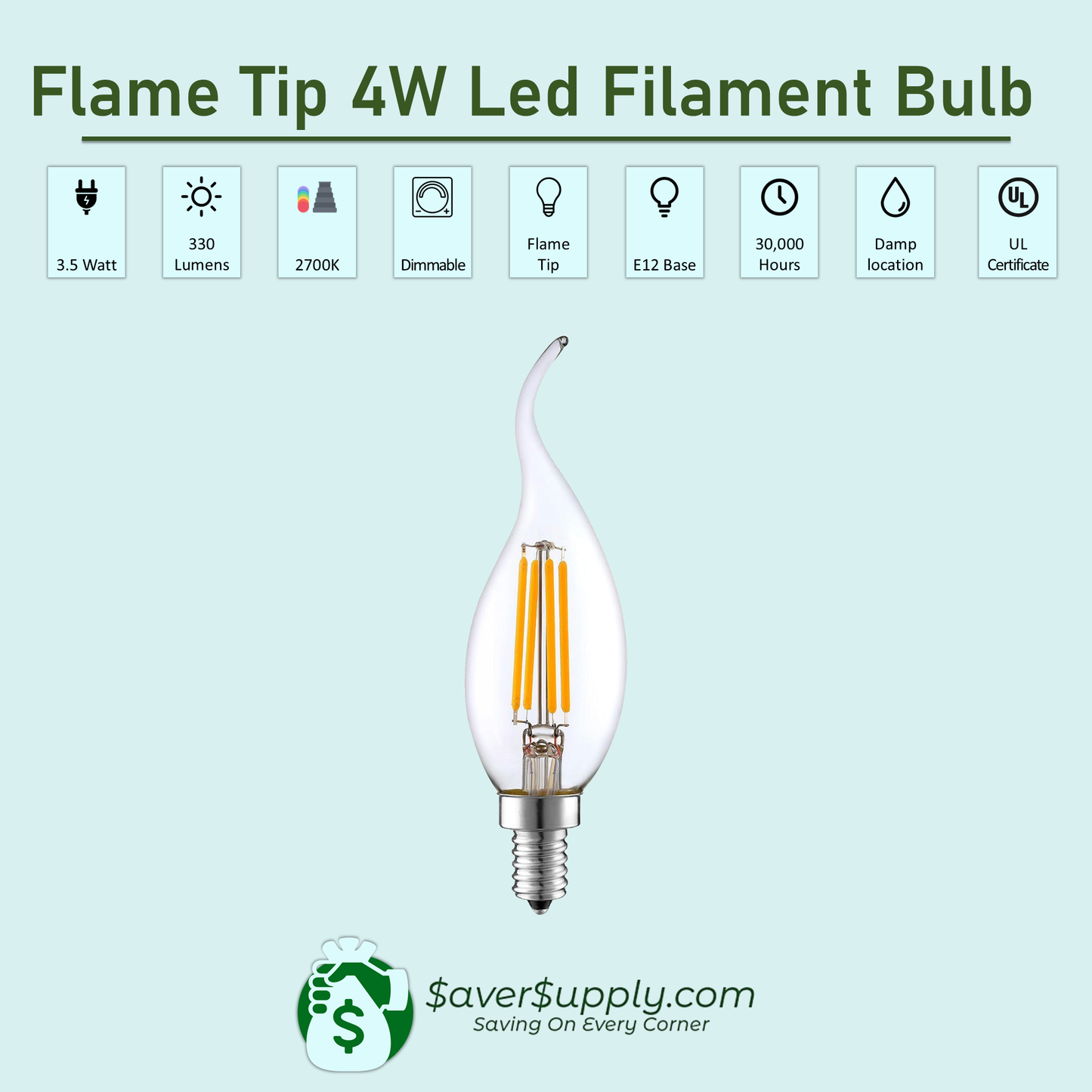 4W LED Filament Flame Tip Bulb, Dimmable, E12 Base, 2700K, 330 Lumens