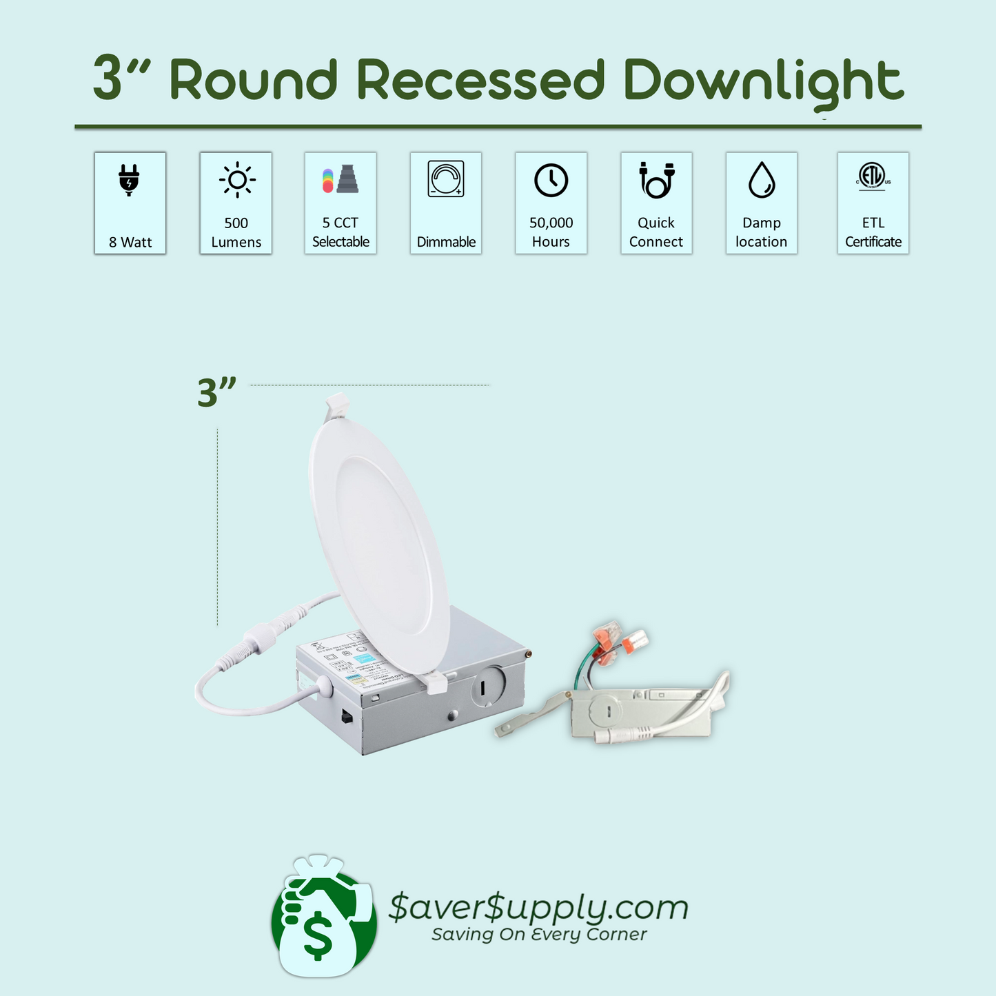3 Inch Recessed LED Lighting, Downlight, 8 Watt 5CCT, 500 Lumens
