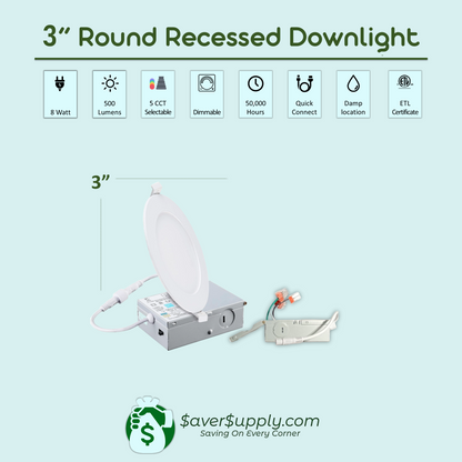 3 Inch Recessed LED Lighting, Downlight, 8 Watt 5CCT, 500 Lumens